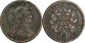 Draped Bust Cent

1803 Draped Bust Cent. S-243. Rarity-2. Stemless Wreath. Fine-15.

The so-called "3 Errors of 1802/1803" with not only a stemles...
