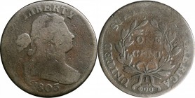 Draped Bust Cent

1803 Draped Bust Cent. S-249. Rarity-2. 1/100 Over 1/000. Good-4.

Problem-free medium brown surfaces, attractive for the grade....