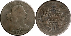 Draped Bust Cent

1803 Draped Bust Cent. S-252. Rarity-2. Small Date, Small Fraction. VG-10, Porous.

Microporous in places, mostly on the reverse...