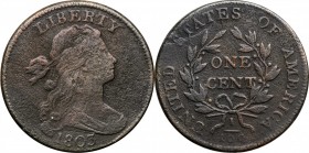 Draped Bust Cent

1803 Draped Bust Cent. S-253. Rarity-2. Small Date, Small Fraction. VF-20, Corroded.

Surfaces porous throughout, dark olive wit...