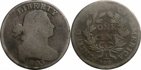Draped Bust Cent

1803 Draped Bust Cent. S-254. Rarity-1. Small Date, Small Fraction. Good-4.

A few rim bumps, but generally a nice smooth cent f...