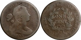 Draped Bust Cent

1803 Draped Bust Cent. S-256. Rarity-3. Small Date, Small Fraction. Good-6.

Smooth light brown and steel. Nick above the head a...