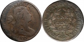 Draped Bust Cent

1803 Draped Bust Cent. S-258. Rarity-1. Small Date, Large Fraction. Fine-15, Corrosion, Scratches.

Has solid detail and decent ...