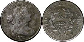 Draped Bust Cent

1803 Draped Bust Cent. S-265. Rarity-4. Large Date, Large Fraction. VF-20, Environmental Damage.

Light erosion and dark scale a...