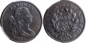 Draped Bust Cent

1804 Draped Bust Cent. S-266A, the only known dies. Rarity-2. EF Details--Repaired (PCGS).

A sharp dark brown example of this s...
