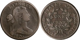 Draped Bust Cent

1805 Draped Bust Cent. S-268. Rarity-3. Fine-15.

Glossy medium brown with lighter steel devices. Several tiny obverse marks, mo...