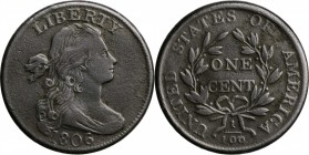 Draped Bust Cent

1806 Draped Bust Cent. S-270, the only known dies. Rarity-1. VF-30, Porous, Scratched.

One of the scarcer large cent dates and ...