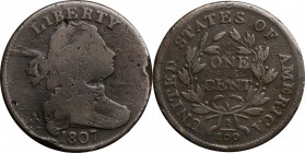 Draped Bust Cent

1807 Draped Bust Cent. S-271. Rarity-1. "Comet" Variety. Good-6, Damaged.

Many nicks and scrapes on steel-brown surfaces. The d...