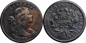 Draped Bust Cent

1807 Draped Bust Cent. S-275. Rarity-3. Large Fraction. EF-40, Burnished, Recolored.

A sharp and largely un-marked example of t...