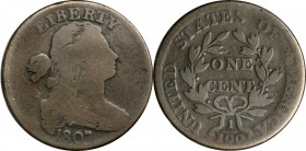 Draped Bust Cent

1807 Draped Bust Cent. S-276. Rarity-1. Large Fraction. Good-4.

This variety is found with many different die rotations, here t...