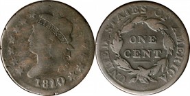 Classic Head Cent

1810/09 Classic Head Cent. S-281. Rarity-1. Good-6.

Smooth steel-brown surfaces with some subtle tan woodgrain toning on the o...