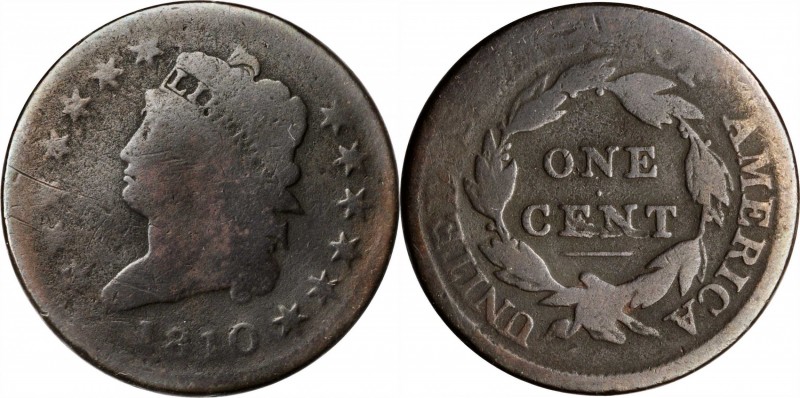 Classic Head Cent

1810 Classic Head Cent. S-285. Rarity-2. Good-4, Porous, Sc...