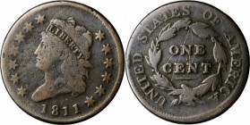 Classic Head Cent

1811 Classic Head Cent. S-287. Rarity-2. VG-8, Cleaned, Damaged.

The decent color and full detail including a bold date redeem...