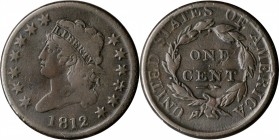 Classic Head Cent

1812 Classic Head Cent. S-288. Rarity-2. Large Date. Fine-12, Reverse Marks.

Smooth pale brown surfaces. The obverse problem-f...