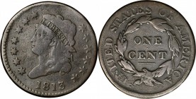 Classic Head Cent

1813 Classic Head Cent. S-292. Rarity-2. VG-8, Damaged.

A few soft dents to each side subtly disfigure small areas of the deta...