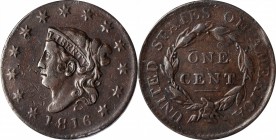 Matron Head Cent

1816 Matron Head Cent. N-7. Rarity-3. VF-25 (ANACS).

PCGS# 36541.

Estimate: $ 150