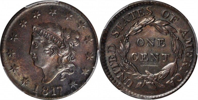 Matron Head Cent

1817 Matron Head Cent. N-14. Rarity-1. 13 Stars. AU-58 (PCGS...