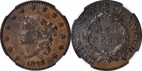Matron Head Cent

1828 Matron Head Cent. N-11. Rarity-2. Large Narrow Date. AU-50 BN (NGC).

PCGS# 36901. NGC ID: 225J.

From our (Coin Gallerie...