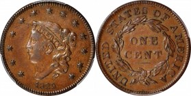 Matron Head Cent

1835 Matron Head Cent. N-6. Rarity-1. Small 8 and Stars. AU-55 (PCGS). CAC.

PCGS# 37087. NGC ID: 225S.

From the Louis J. Alf...