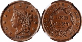 Modified Matron Head Cent

1837 Modified Matron Head Cent. N-9. Rarity-1. Head of 1838. MS-62 BN (NGC).

PCGS# 1729. NGC ID: 225U.

Estimate: $ ...