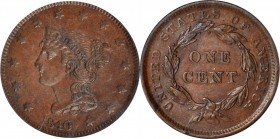 Braided Hair Cent

1840 Braided Hair Cent. N-6. Rarity-1. Large Date. AU-53 (PCGS).

PCGS# 1820. NGC ID: 2266.

Ex Denis Loring; Tom Deck, Decem...