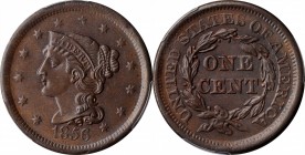 Braided Hair Cent

1856 Braided Hair Cent. N-14. Rarity-1. Slanting 5. MS-63 BN (PCGS). CAC.

PCGS# 406210. NGC ID: 226N.

Ex Green Tree Collect...