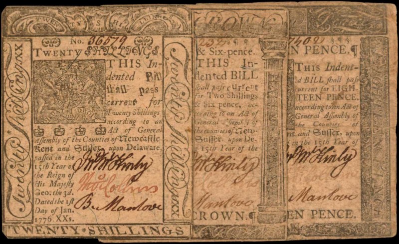 Colonial Notes

Lot of (3) DE-74, 75 & 80. Delaware. 1776. 18 Pence to 20 Shil...