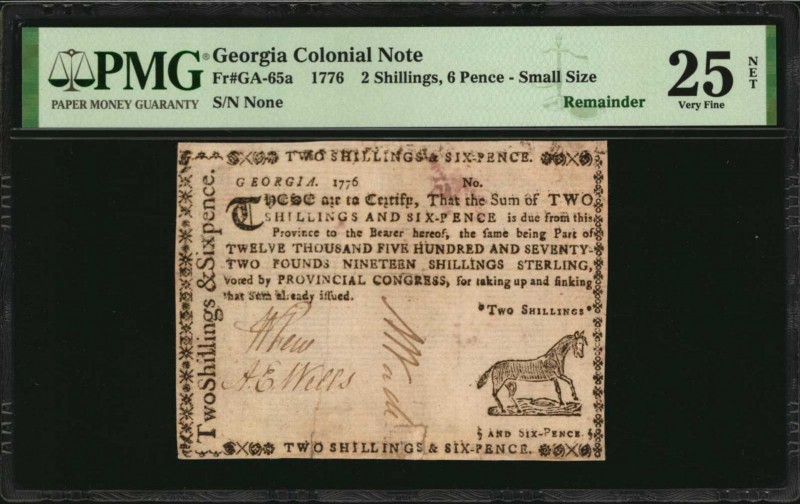 Colonial Notes

GA-65a. Georgia. 1776. 2 Shillings, 6 Pence. PMG Very Fine 25 ...