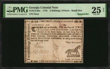 Colonial Notes

GA-65a. Georgia. 1776. 2 Shillings, 6 Pence. PMG Very Fine 25 Net. Repaired. Remainder.

No serial number. Signed by Pew, Wells an...