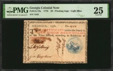 Colonial Notes

GA-72a. Georgia. 1776. $2. PMG Very Fine 25.

No.1552. Five signatures. Light blue seal at right with floating jugs and the Latin ...
