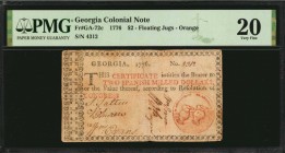 Colonial Notes

GA-72c. Georgia. 1776. $2. PMG Very Fine 20.

No.4312. Five signatures. Orange emblem with floating jugs at right. Boldly printed ...