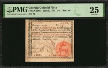Colonial Notes

GA-106a. Georgia. June 8, 1777. $4. PMG Very Fine 25.

No.74. Orange Stag vignette seal. Red "in" text. Five signatures. An intere...