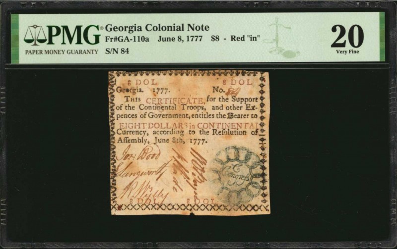 Colonial Notes

GA-110a. Georgia. June 8, 1777. $8. PMG Very Fine 20.

No.84...