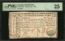 Colonial Notes

GA-123. Georgia. May 4, 1778. $30. PMG Very Fine 25.

No.5070. Five signatures. Imprint of W. Lancaster of Savannah on back. Boar ...