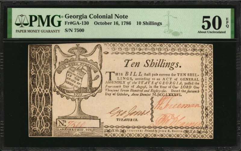 Colonial Notes

GA-130. Georgia. October 16, 1786. 10 Shillings. PMG About Unc...