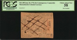 Colonial Notes

MA-209CT. Massachusetts. June 18, 1776. 24 Shillings. PCGS Currency Choice About New 58. Contemporary Counterfeit. Pen Cancelled.
...