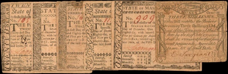 Colonial Notes

Lot of (6) MA-231, 278, 279, 280, 282 & 285. Massachusetts. 17...