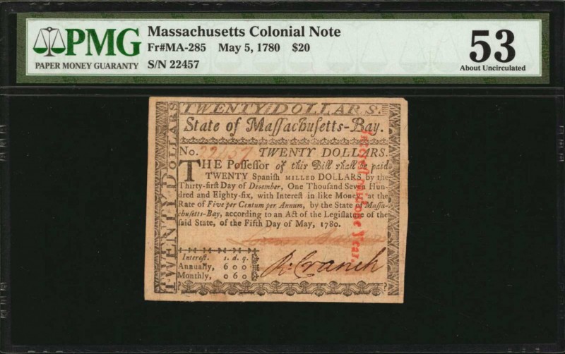 Colonial Notes

MA-285. Massachusetts. May 5, 1780. $20. PMG About Uncirculate...