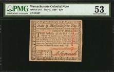 Colonial Notes

MA-285. Massachusetts. May 5, 1780. $20. PMG About Uncirculated 53.

No. 22457. Pen cancelled. Signed by Loammi Baldwin and Cranch...