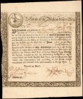 Colonial Notes

State of the Massachusetts Bay. June 2, 1777. 19 Pounds. 6% Loan due June 1, 1780. Very Fine

A 19 Pound treasury loan dated June ...
