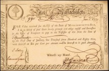 Colonial Notes

State of the Massachusetts Bay. June 1, 1779. 15 Pounds. 6% Loan due January 1, 1783. Extremely Fine.

A 6% loan for 15 Pounds fro...