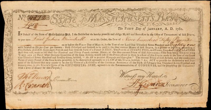 Colonial Notes

State of the Massachusetts Bay. January 1, 1780. 950 Pounds. 6...