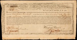 Colonial Notes

State of the Massachusetts Bay. January 1, 1780. 950 Pounds. 6% Loan due March 1, 1781. Very Fine.

A high denomination loan issue...