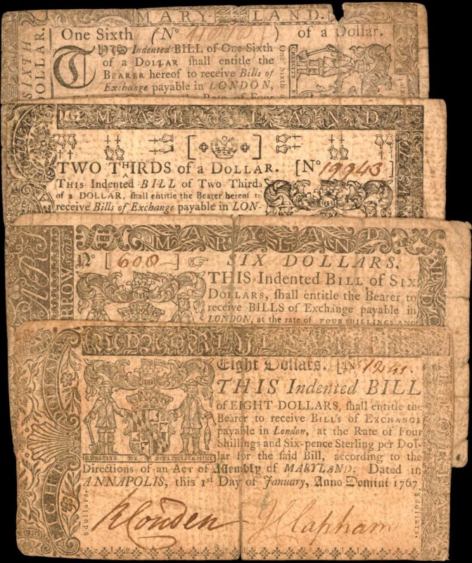 Colonial Notes

Lot of (4) MD-47, 48, 50 & 54. Maryland. 1767-70. $1/6 to $8. ...
