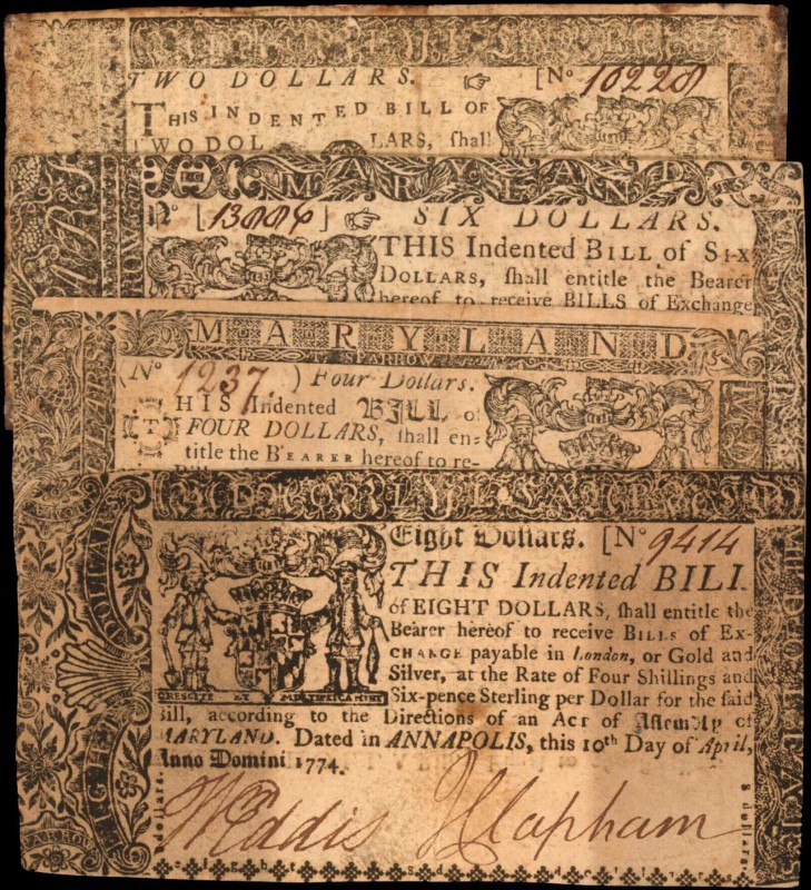 Colonial Notes

Lot of (4) MD-67, 68, 69 & 70. Colonial Notes. 1774. $2, $4, $...