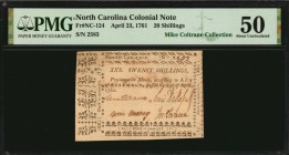 Colonial Notes

NC-124. North Carolina. April 23, 1761. 20 Shillings. PMG About Uncirculated 50.

No. 2583. Four bold signatures. Bright paper sur...