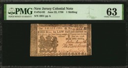 Colonial Notes

NJ-92. New Jersey. June 22, 1756. 1 Shilling. PMG Choice Uncirculated 63.

No.4951. Three signatures. A darkly inked and sharply d...