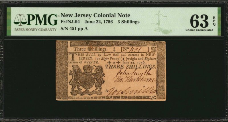 Colonial Notes

NJ-94. New Jersey. June 22, 1756. 3 Shillings. PMG Choice Unci...