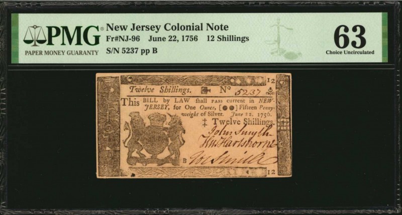 Colonial Notes

NJ-96. New Jersey. June 22, 1756. 12 Shillings. PMG Choice Unc...