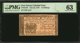 Colonial Notes

NJ-96. New Jersey. June 22, 1756. 12 Shillings. PMG Choice Uncirculated 63.

No.5237. Three signatures. An exceptionally well prin...